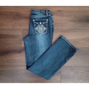 Earl Jeans Womens Size 8 Blue Bootcut Mid Rise Flap Pocket Rhinestone Denim